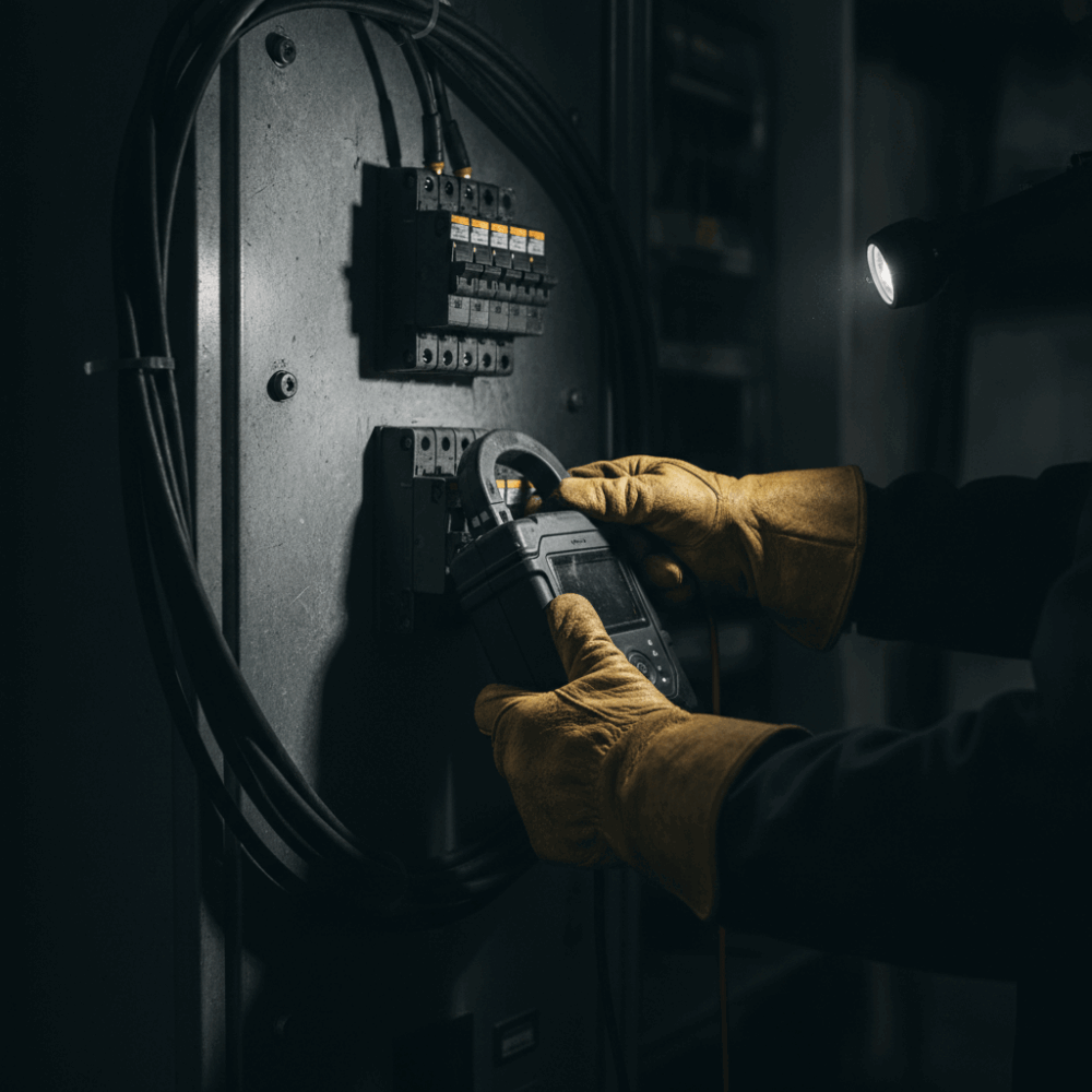 Gros plan sur un boîtier de mesure énergétique installé dans un local technique lors d'un audit