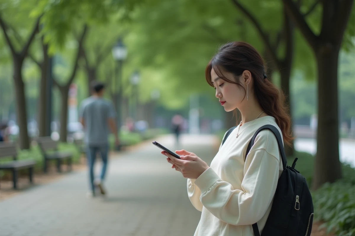 Jeune actrice asiatique écoute des notes audio dans un parc