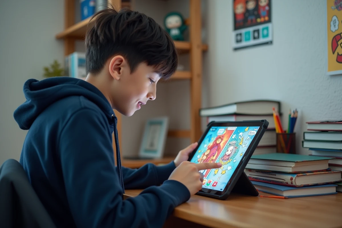 Adolescent découvrant les webtoons sur une tablette posée sur son bureau, entouré de figurines et de cahiers