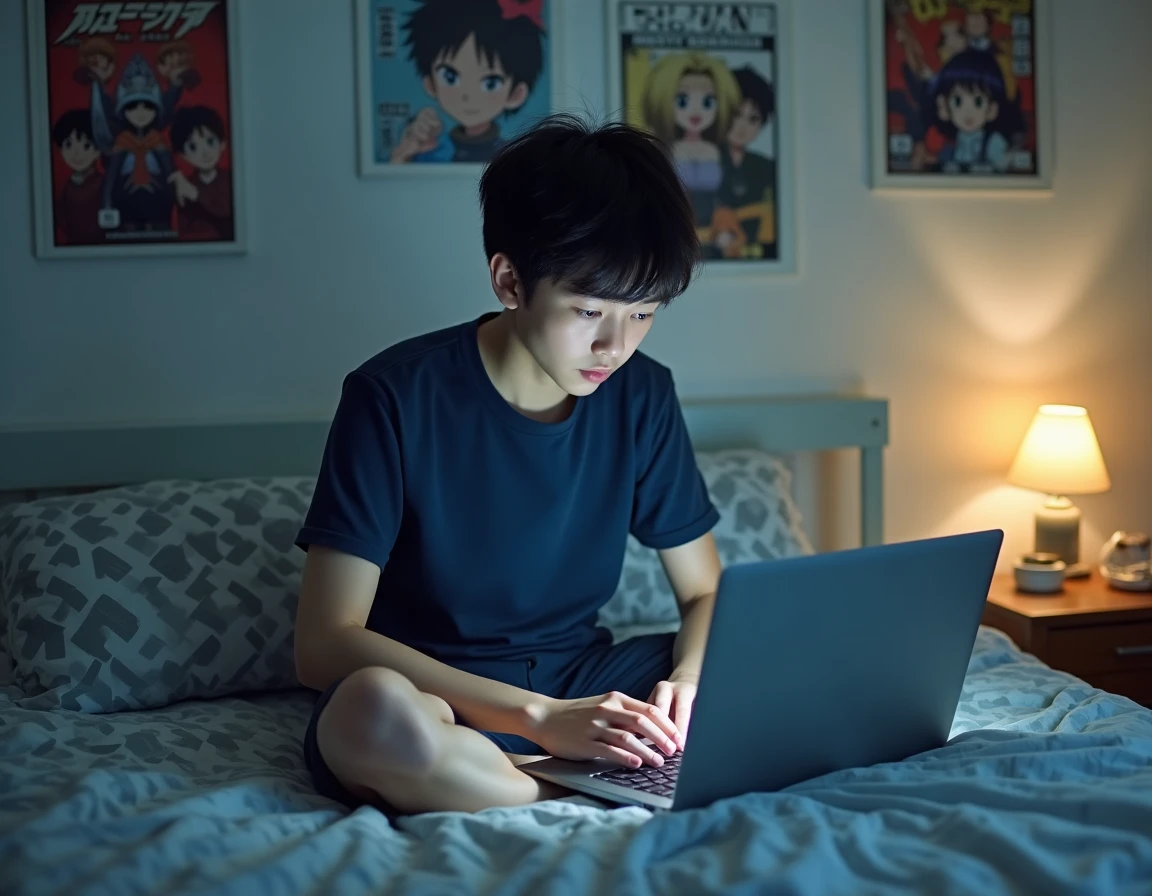 Adolescent lisant des scans sur ordinateur portable dans sa chambre, guide pratique pour lecture de manga en ligne sans pub