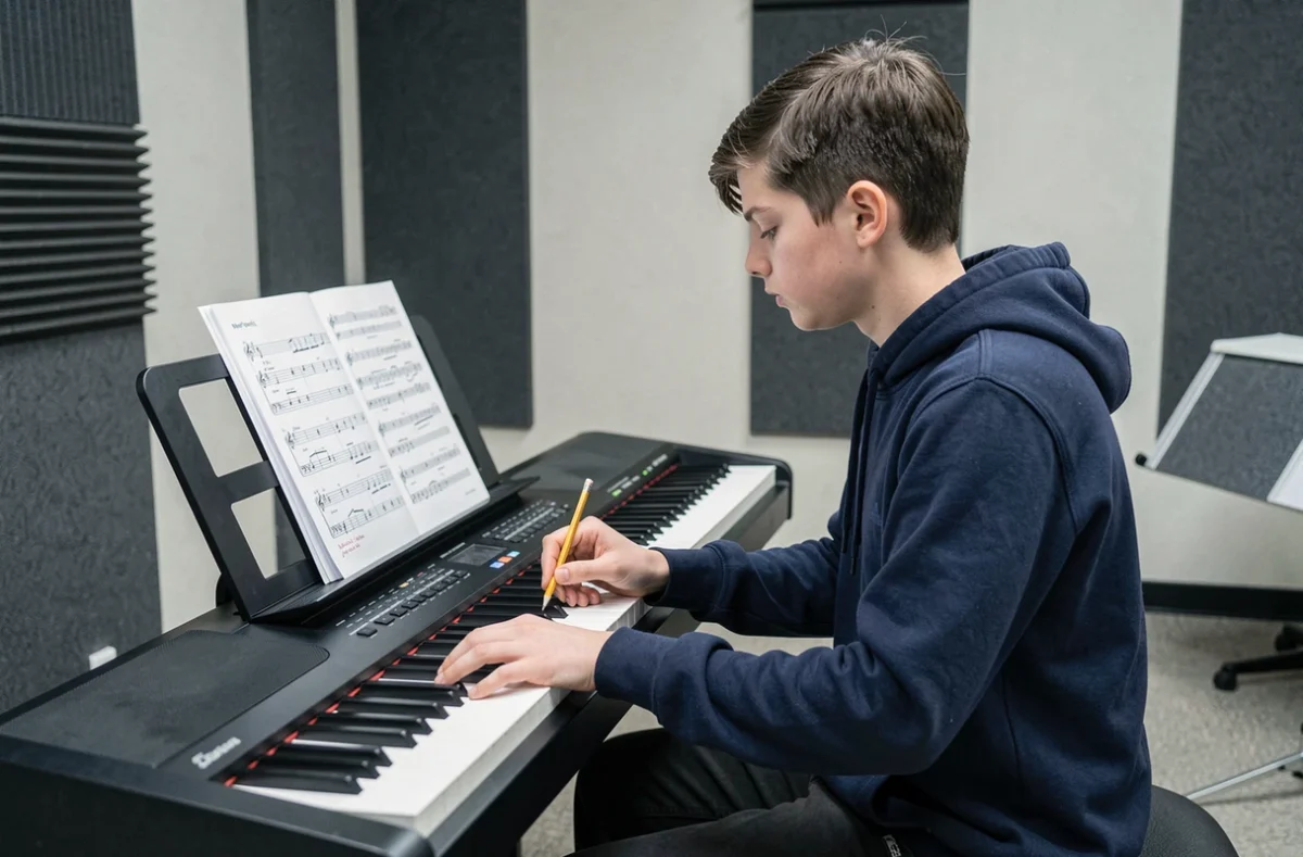 Adolescent annotant une partition de piano de Let It Be dans une salle de cours de musique