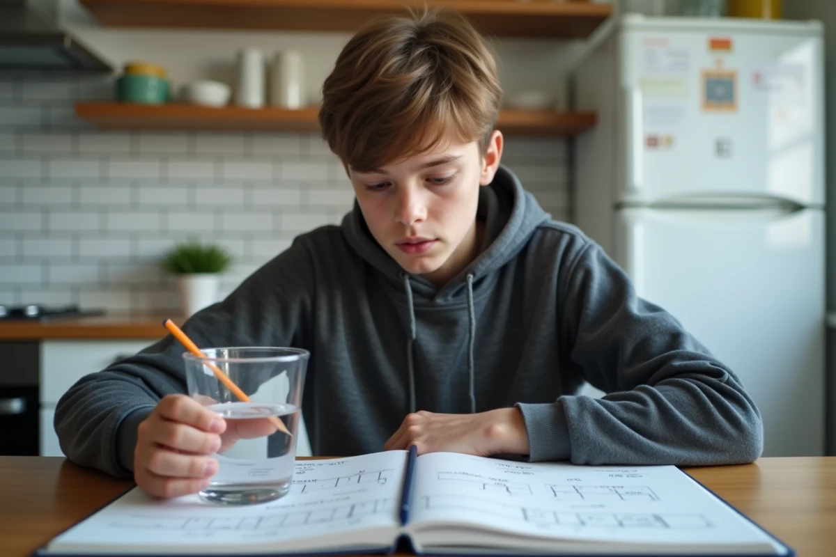 Adolescent étudiant la conversion de volumes cl en ml avec un verre doseur et un manuel scolaire dans une cuisine