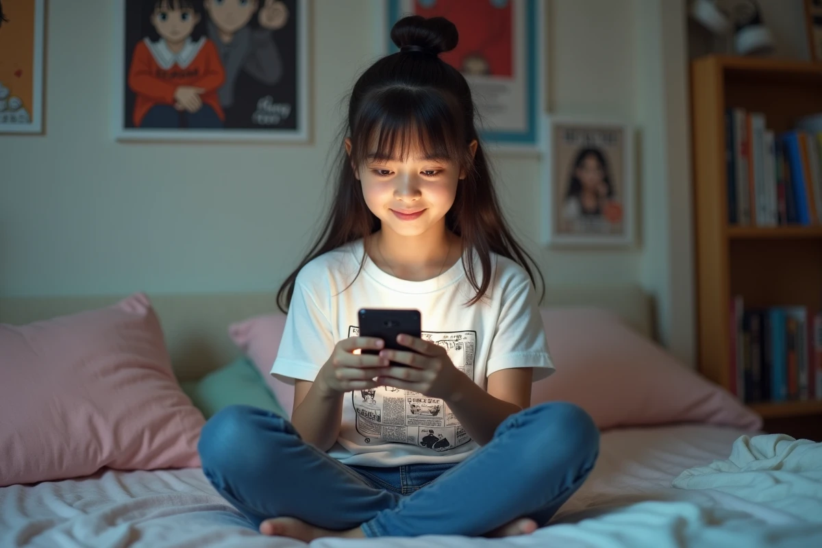 Adolescente lisant un scan de manga sur smartphone dans sa chambre avec des affiches d'animé au mur