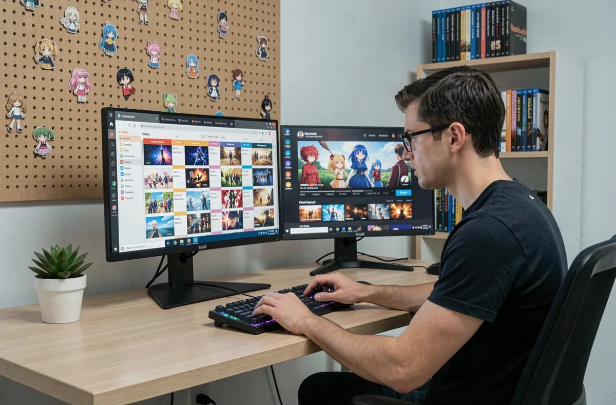 Jeune homme organisant son planning d'animés sur un tableau de bord numérique avec double écran dans un bureau gaming ordonné
