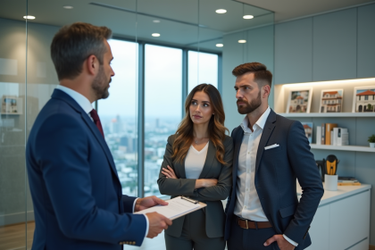 Agent immobilier en costume bleu avec couple en agence