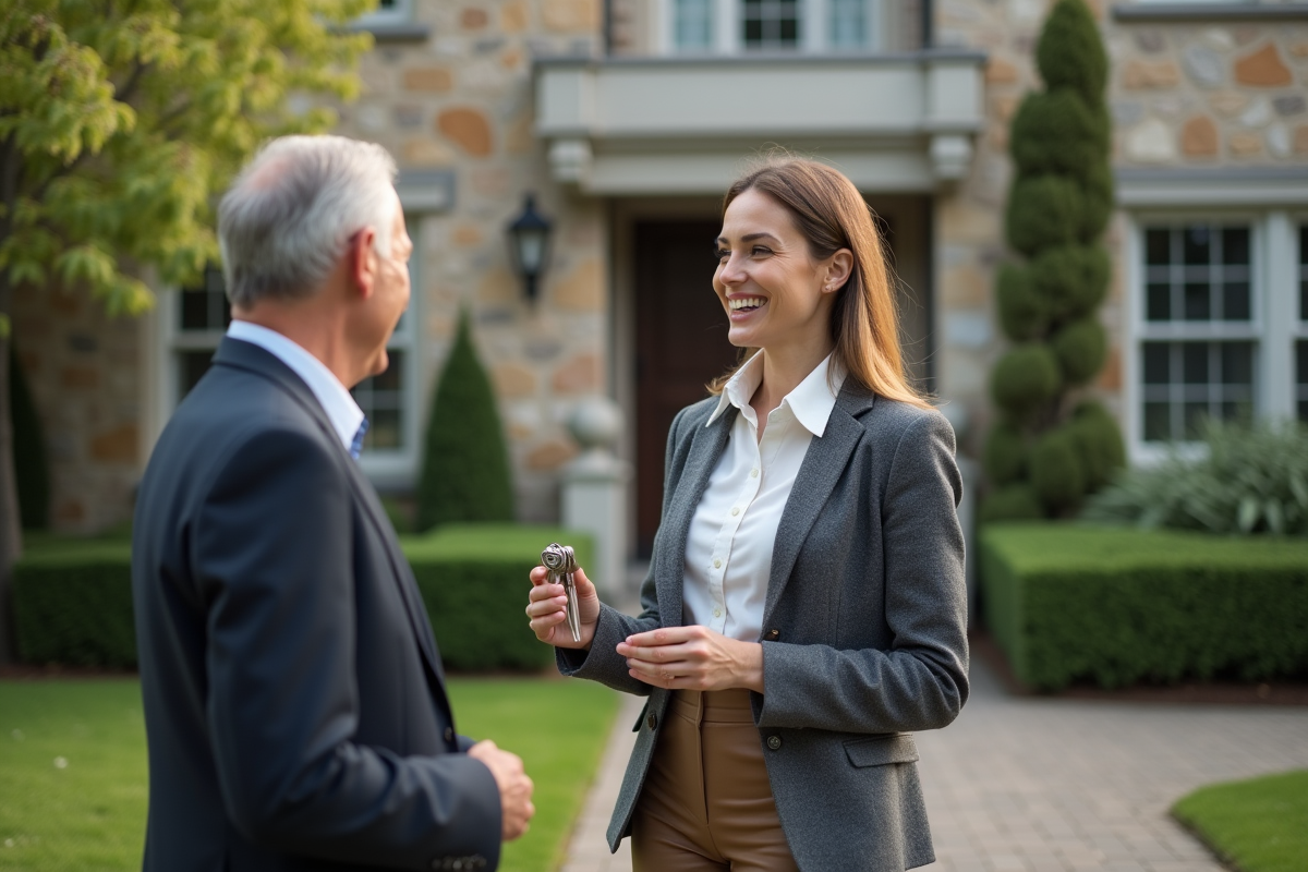 Agent immobilier souriante accueillant un couple devant une maison