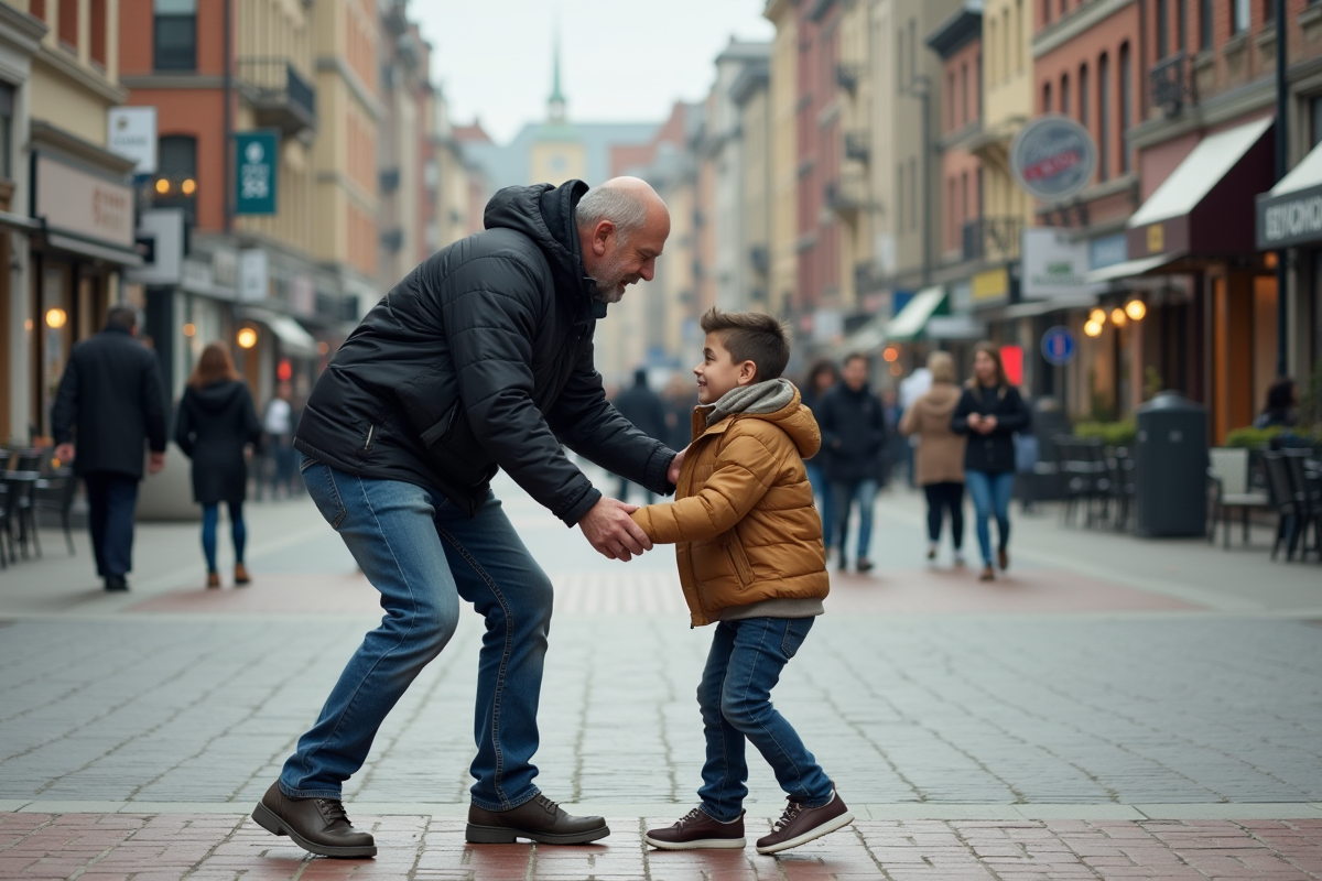 Homme aidant un adolescent tombé dans une place urbaine