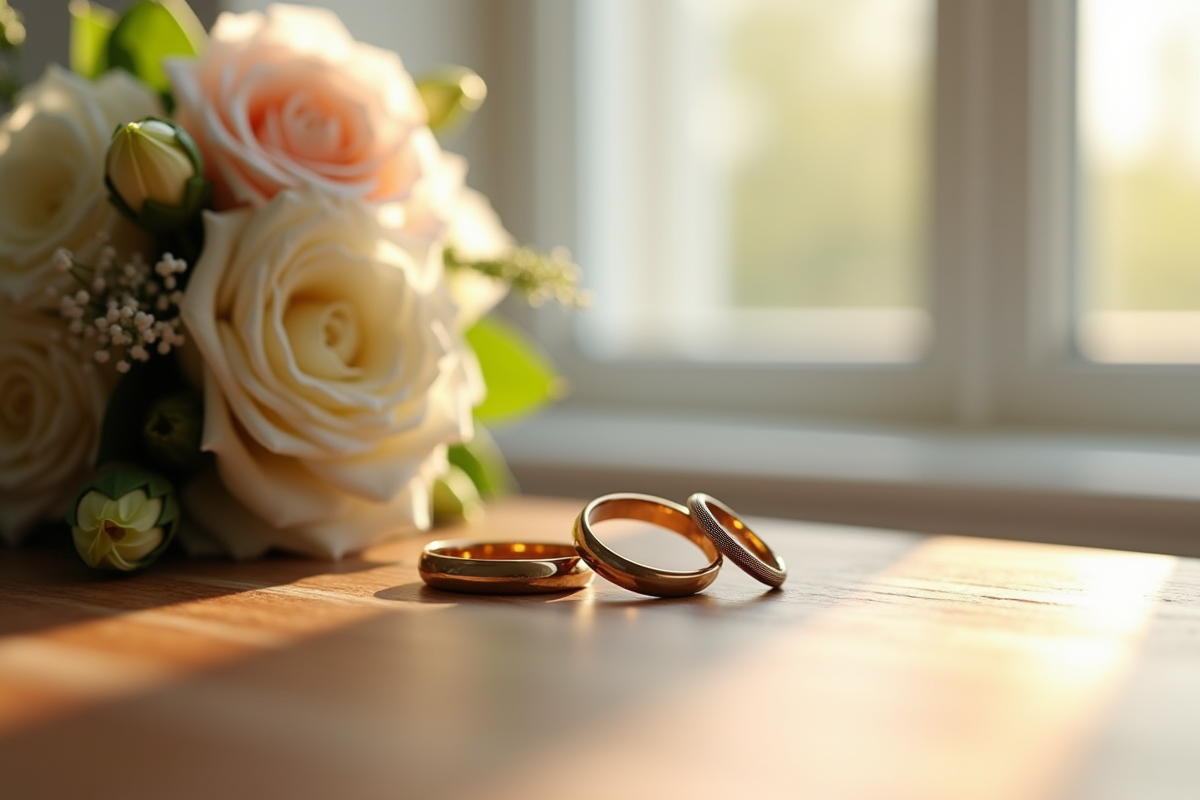 Alliances de mariage sur une table en bois avec fleurs pastel