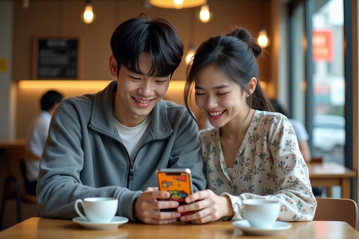 Deux amis découvrant ensemble les webtoons sur un smartphone dans un café, initiation aux manhwa numériques