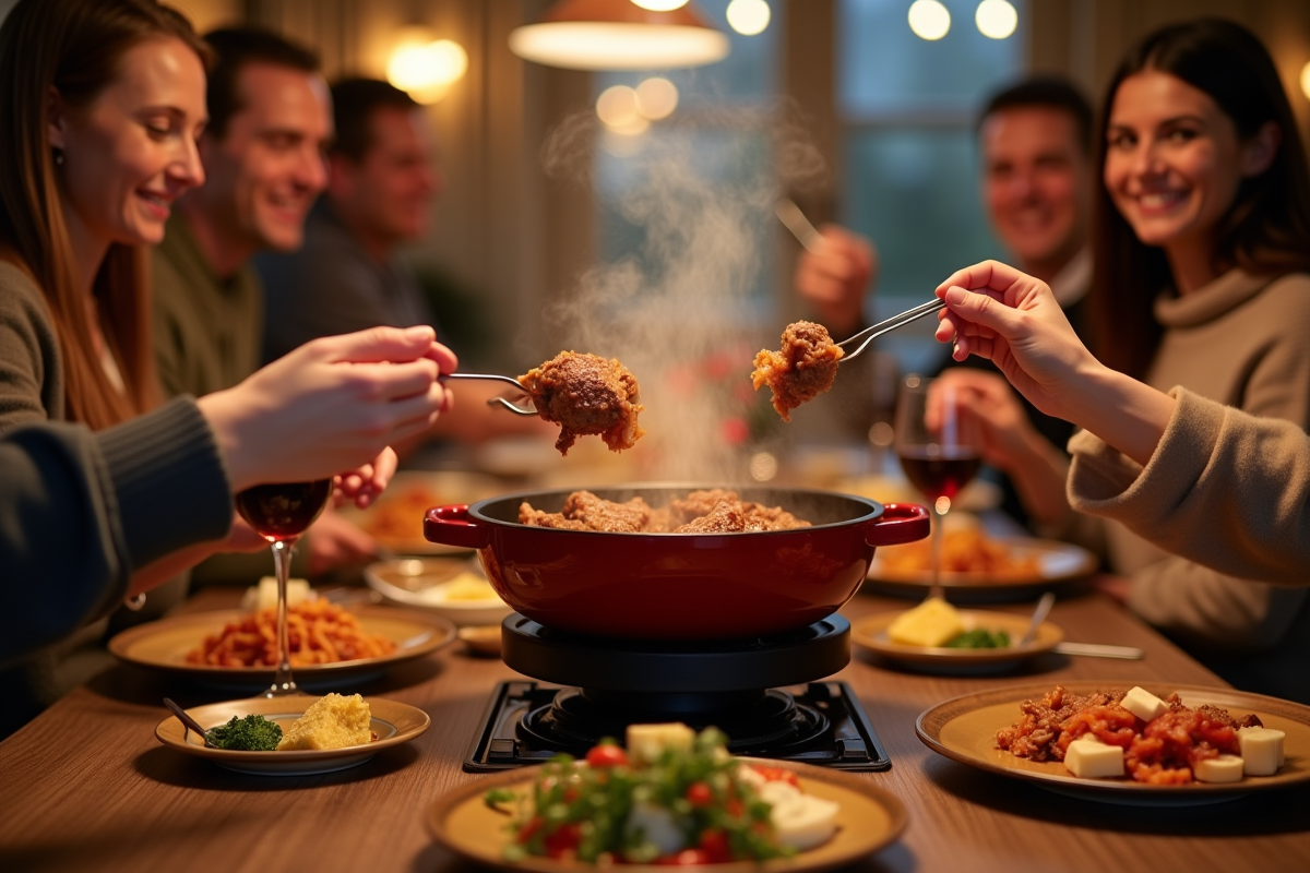 Groupe d amis partageant une fondue bourguignonne dans une ambiance chaleureuse