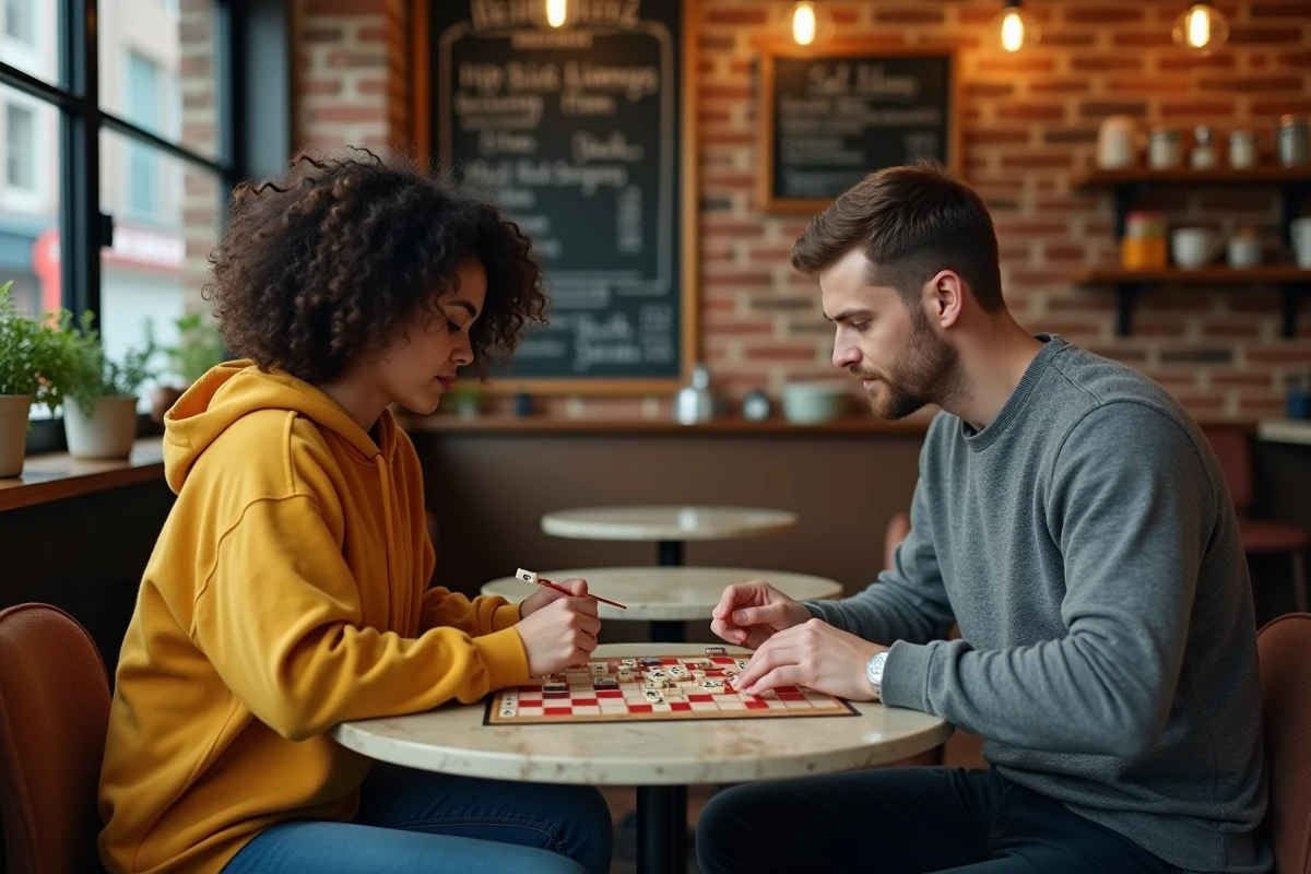 Deux amis jouant au Scrabble dans un café urbain, plateau de jeu visible entre eux, ambiance conviviale et authentique