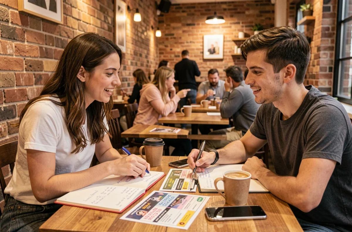 Deux amis comparant leur planning d'animés avec des agendas papier et smartphones autour d'un café en ville