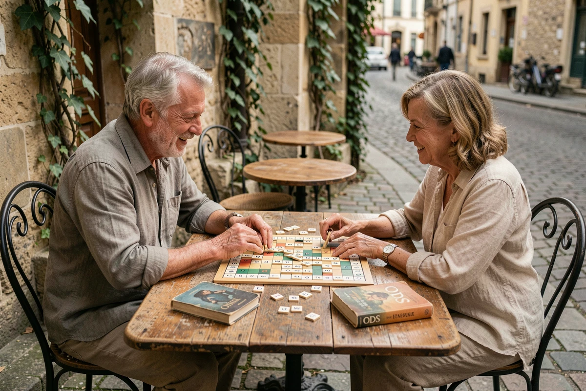 Deux amis jouant au Scrabble en terrasse avec le dictionnaire ODS ouvert sur la table pour arbitrer les mots
