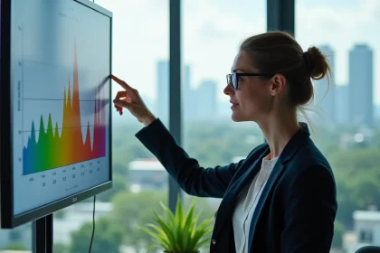 Professionnelle analysant des données d'émissions carbone sur un écran dans un bureau moderne avec vue sur la ville