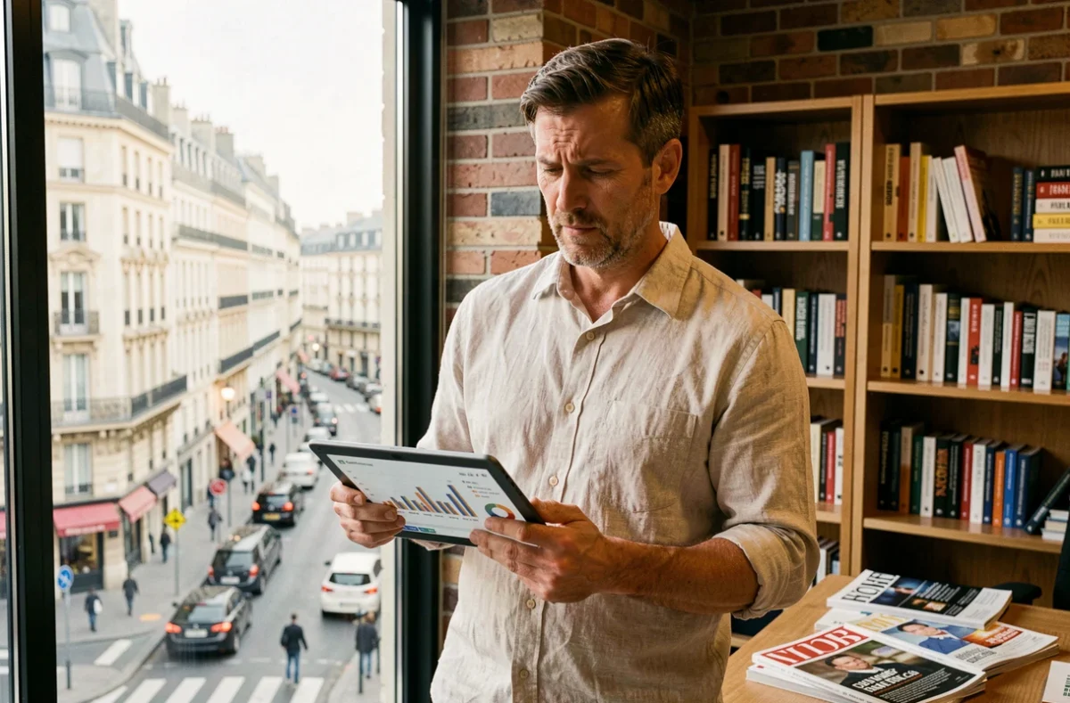 Analyste médiatique consultant des données d'audience dans un bureau parisien, illustrant les enjeux médiatiques en 2026