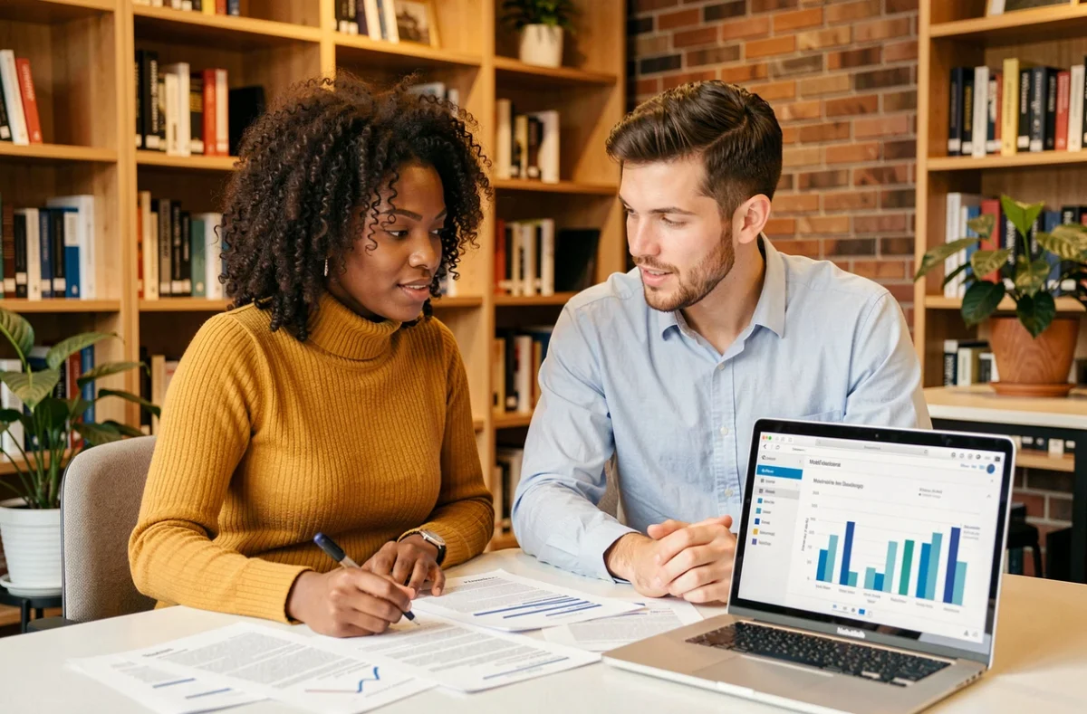 Deux analystes discutant des métriques alternatives à l'AUC pour l'évaluation de modèles prédictifs dans un espace de coworking avec tableau de bord analytique