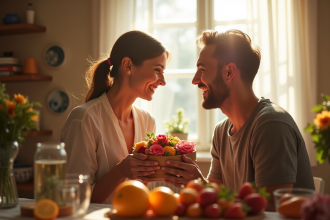 Couple célébrant leur quatrième anniversaire de mariage à la maison