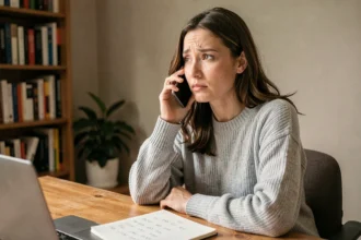 Femme en train de passer un appel international depuis son bureau à domicile, smartphone en main avec un indicatif étranger affiché