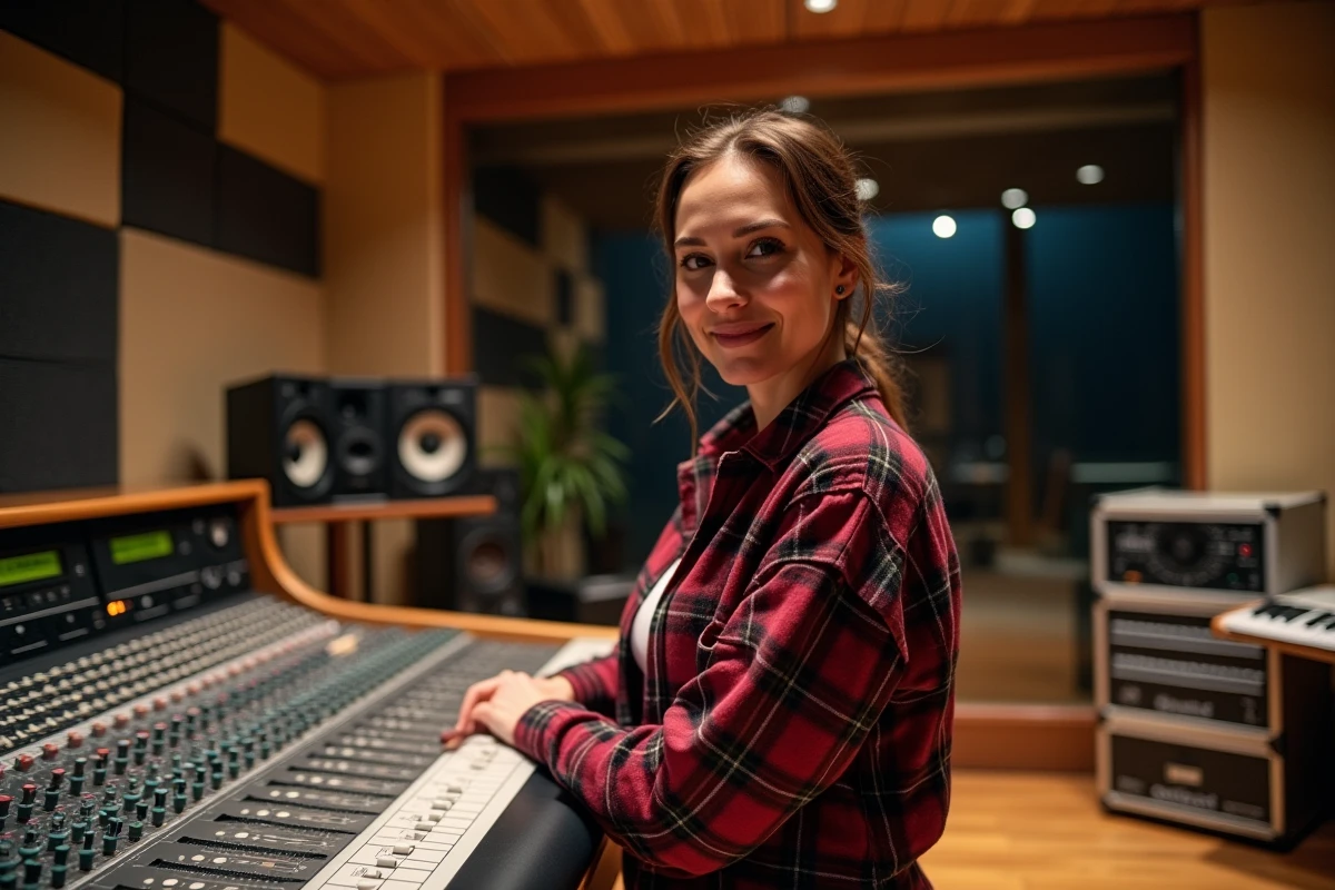Artiste pop canadienne dans un studio d'enregistrement professionnel appuyée sur une console de mixage analogique vintage