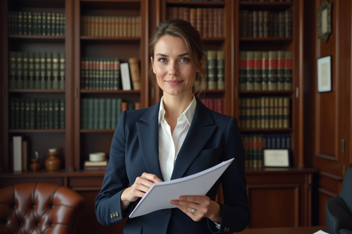 Une avocate en cabinet parisien examine un document juridique relatif à l'utilisation détournée d'un nom de domaine à des fins politiques en France