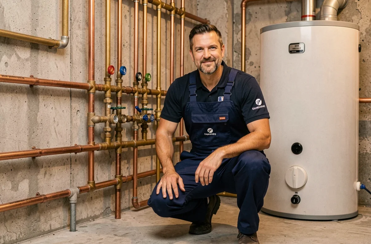 Plombier Bekko PCG travaillant sur un réseau de tuyauterie dans une chaufferie résidentielle à Toulouse