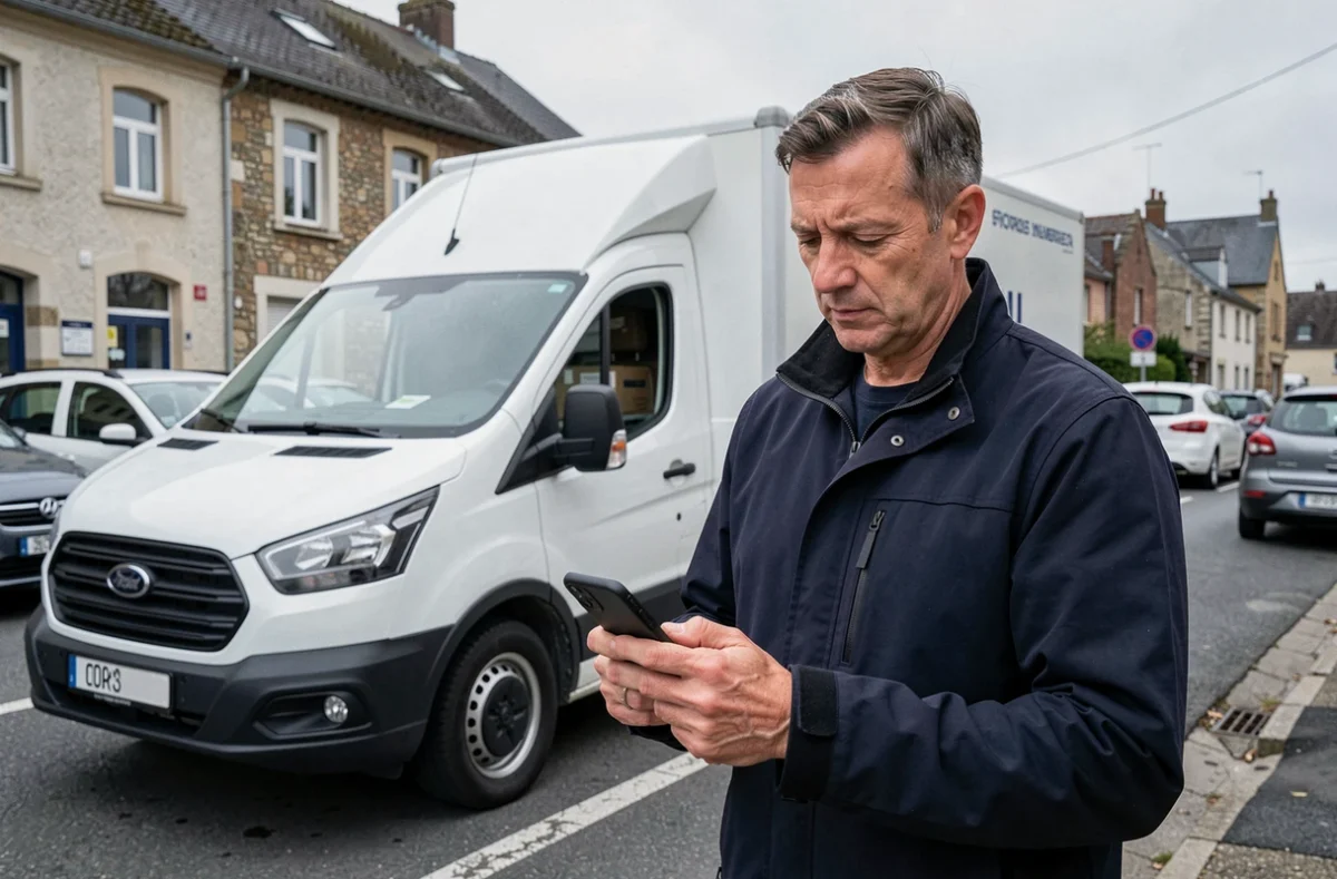 Un chauffeur de BF Express vérifie son itinéraire de livraison dans une zone commerciale ardennaise