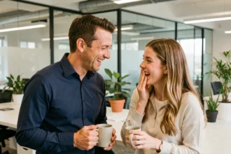 Collègues de bureau qui rient ensemble autour d'une blague, ambiance détendue et conviviale en open space