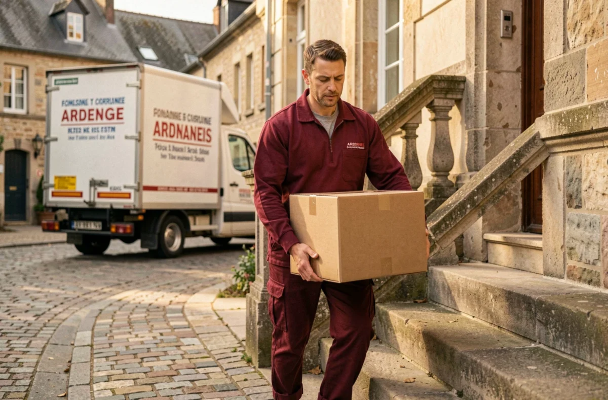Un déménageur de Broyer Nolin transporte des cartons depuis une maison ardennaise vers le camion