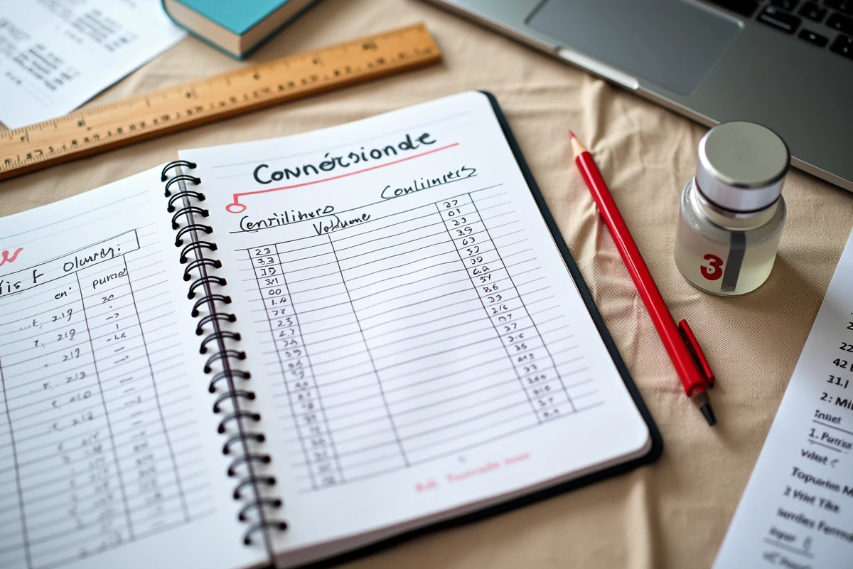 Vue aérienne d'un bureau étudiant avec cahier de révision ouvert sur un tableau de conversion cl en ml et fournitures scolaires