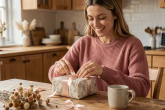 Femme souriante déballant un petit cadeau élégant de 5 euros enveloppé d'un ruban satiné dans une cuisine au style scandinave