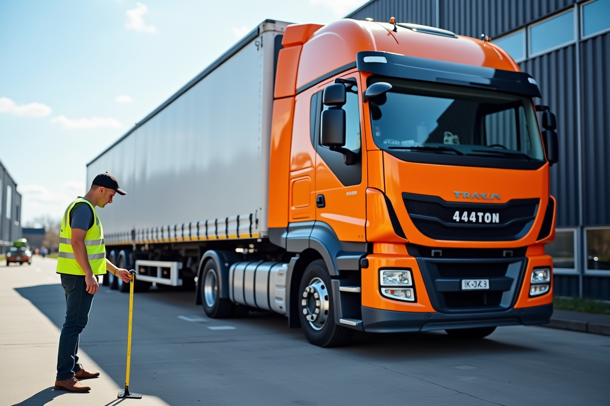 Camion de 44 tonnes au dépôt avec personne mesurant la remorque