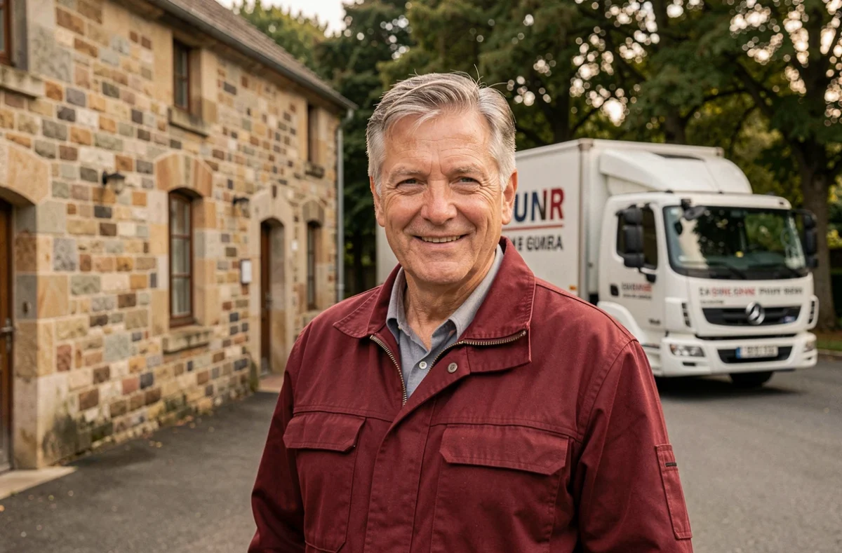 Le responsable de Castel Bernard se tient devant un bâtiment en pierre ardennais avec le camion de déménagement
