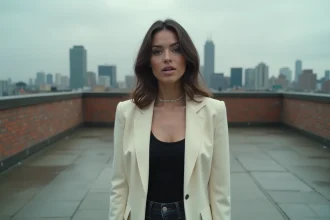 Chanteuse canadienne sur un toit urbain montréalais lors d'un tournage de clip vidéo, blazer ivoire et regard expressif