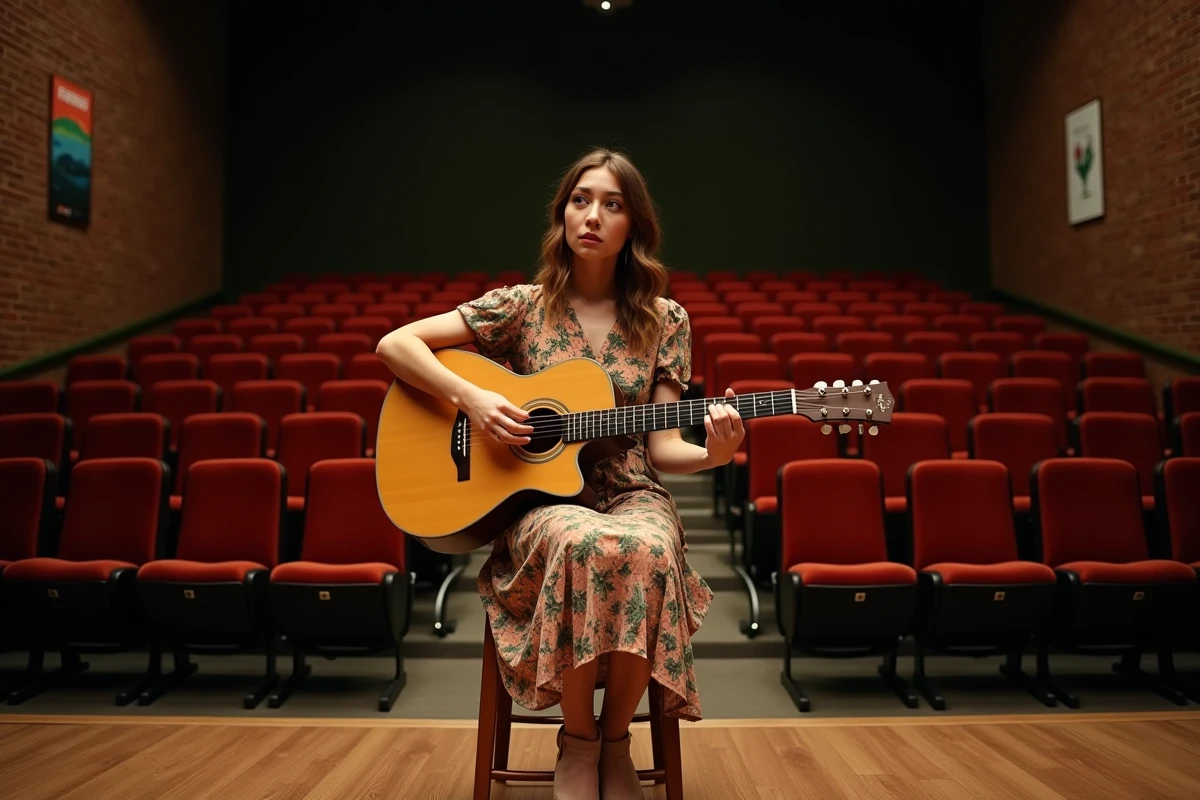 Chanteuse-compositrice canadienne assise sur scène dans une salle de concert vide avec une guitare acoustique sur les genoux