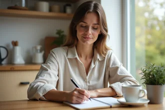 Femme préparant une check-list pour le week-end prolongé du 1er mai 2026 dans une cuisine en bois chaleureuse
