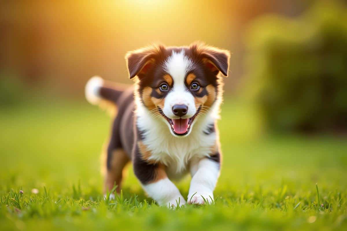 Chiot Australian Shepherd jouant dans un jardin ensoleille
