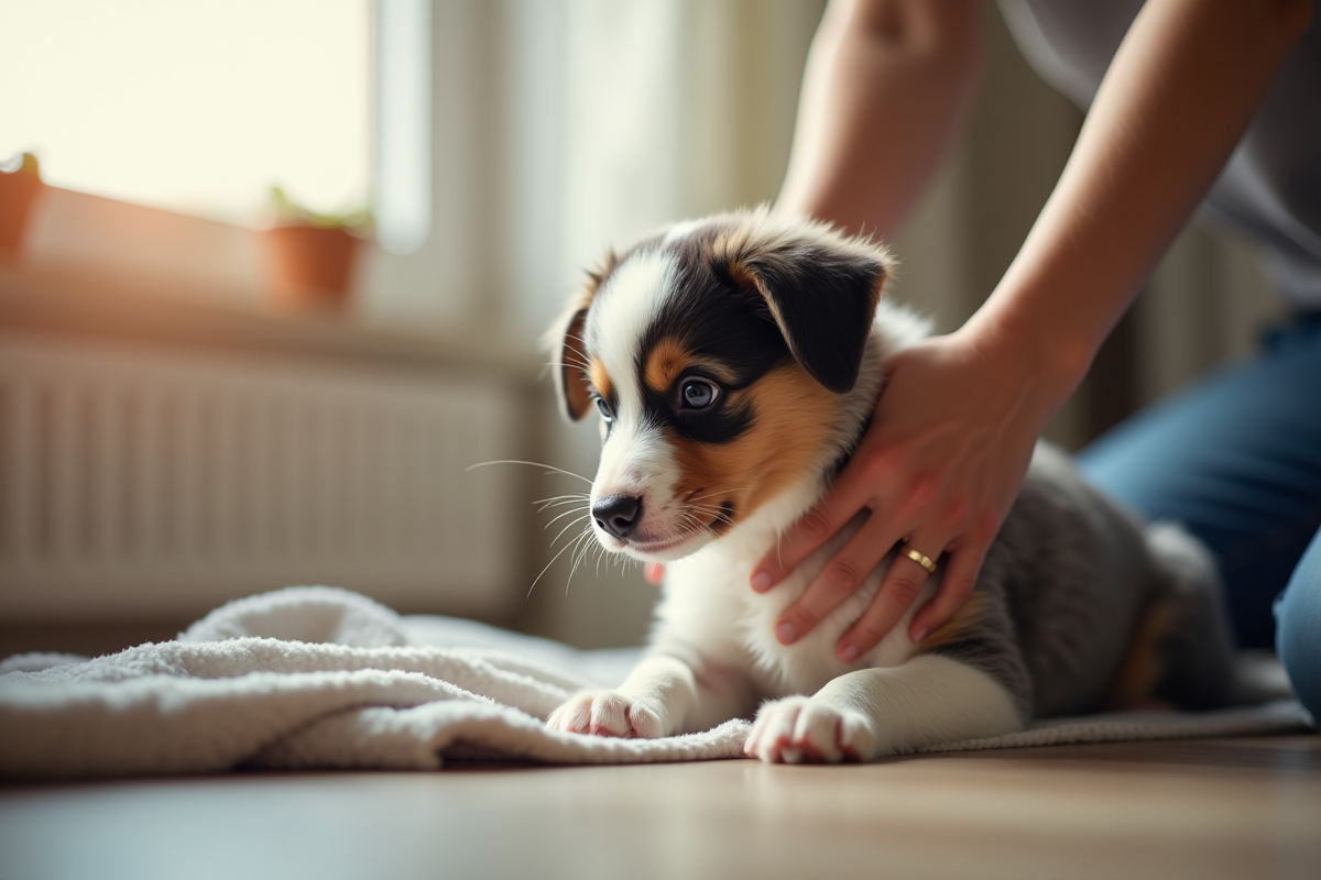 Chiot Australian Shepherd recevant un soin doux à l'intérieur