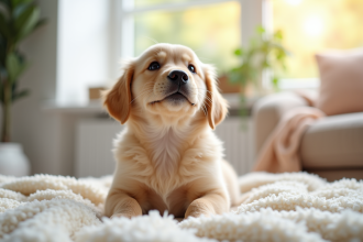 Chiot golden retriever assis sur un coussin blanc lumineux
