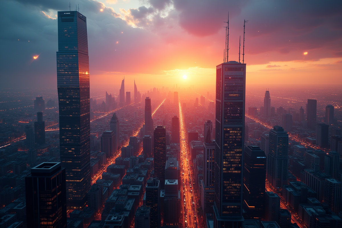 Paysage urbain au coucher du soleil avec connexions blockchain