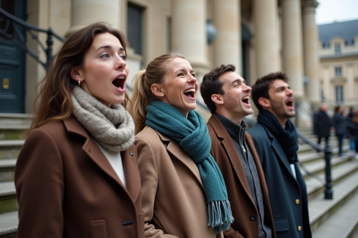 Groupe de citoyens français chantant La Marseillaise sur les marches d'un bâtiment haussmannien à Paris