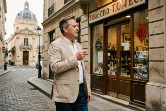 Homme fumant devant une civette parisienne près d'un musée, rue pavée typique de Paris