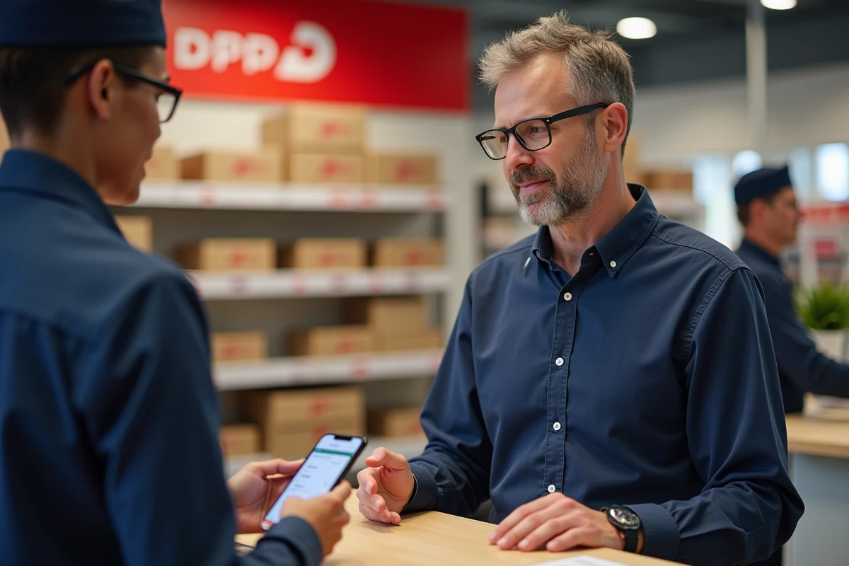 Client présentant un numéro de suivi DPD sur son smartphone à un employé de point relais colis