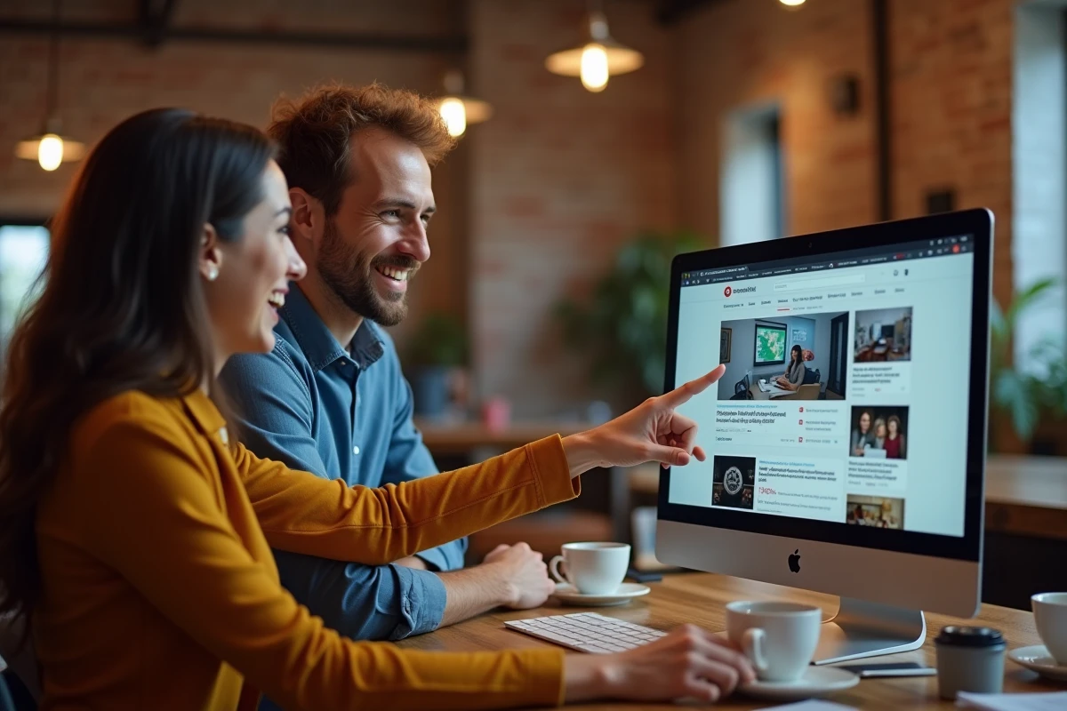 Deux collègues consultant ensemble un portail d'actualités sur un ordinateur dans un espace de coworking