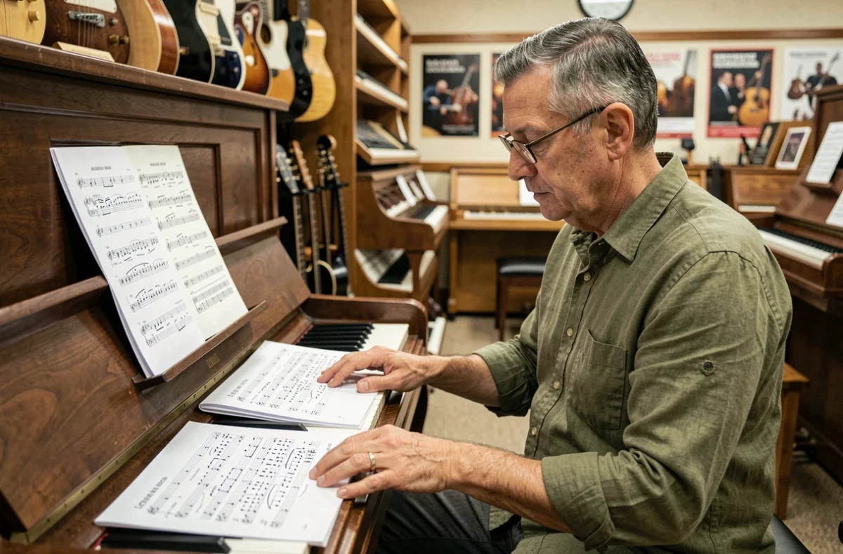 Homme comparant deux éditions de partition de Let It Be dans un magasin de musique