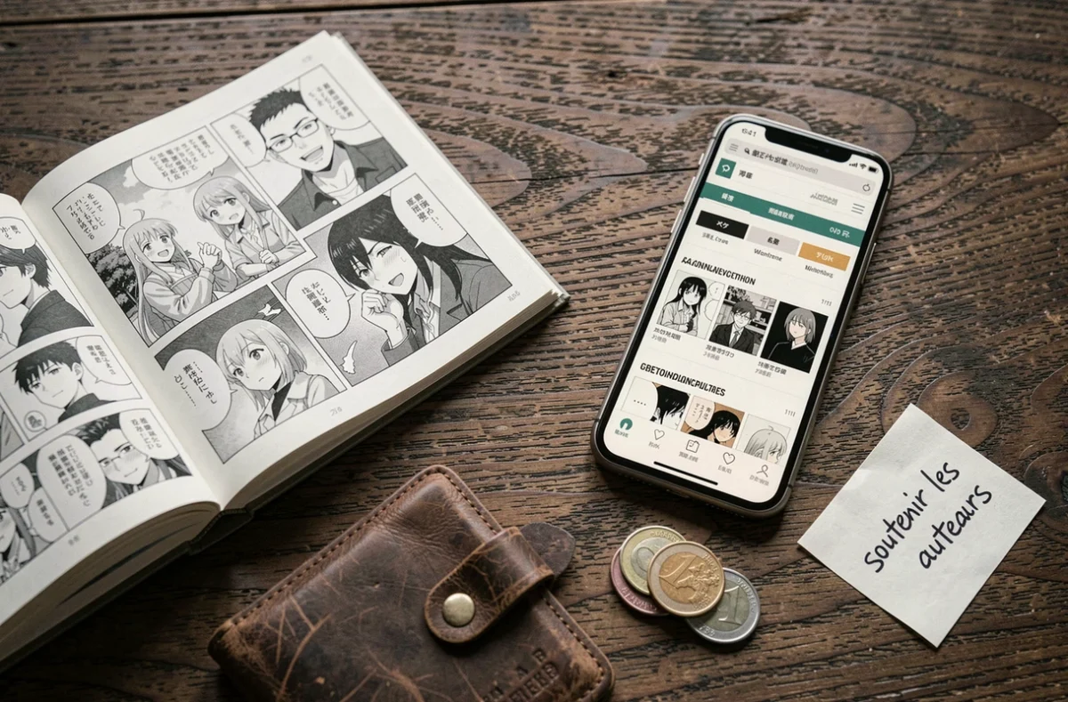 Mise en scène éditoriale comparant un manga physique acheté et un site de scans sur smartphone, avec un portefeuille symbolisant le soutien financier aux auteurs