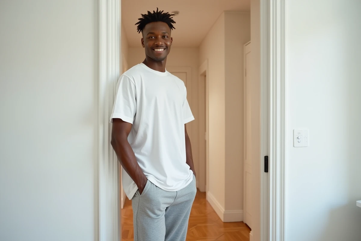 Homme grand mesurant sa taille à côté d'un encadrement de porte dans un appartement moderne, illustrant une comparaison de stature