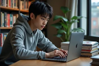 Jeune homme lisant des scans manga sur un ordinateur portable entouré de volumes manga dans un appartement urbain