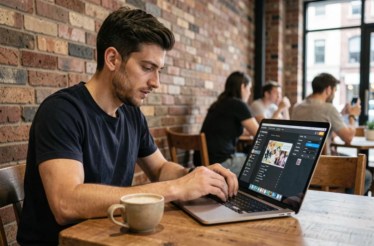 Homme configurant les options de lecture de manga sur un ordinateur portable dans un café urbain
