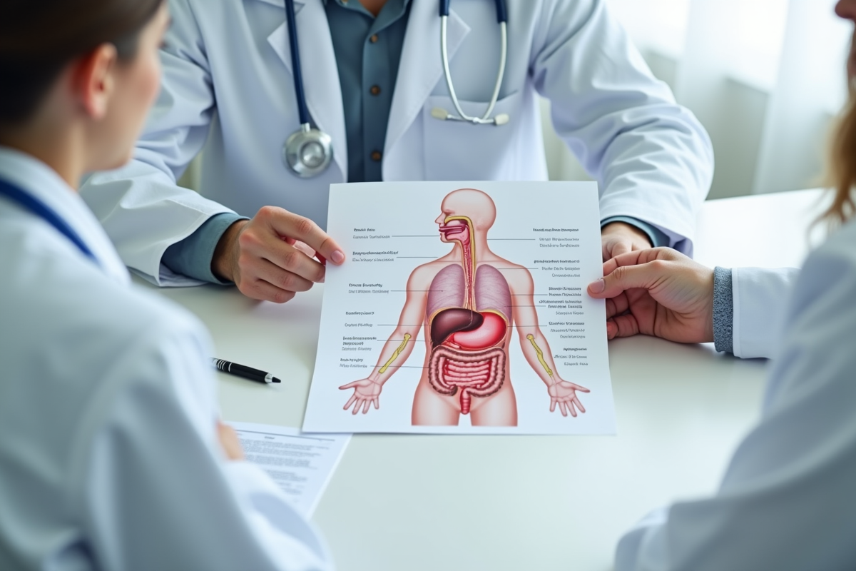 Médecin montrant un diagramme du système digestif au patient