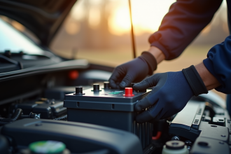 Personne vérifiant la batterie de voiture en plein soleil